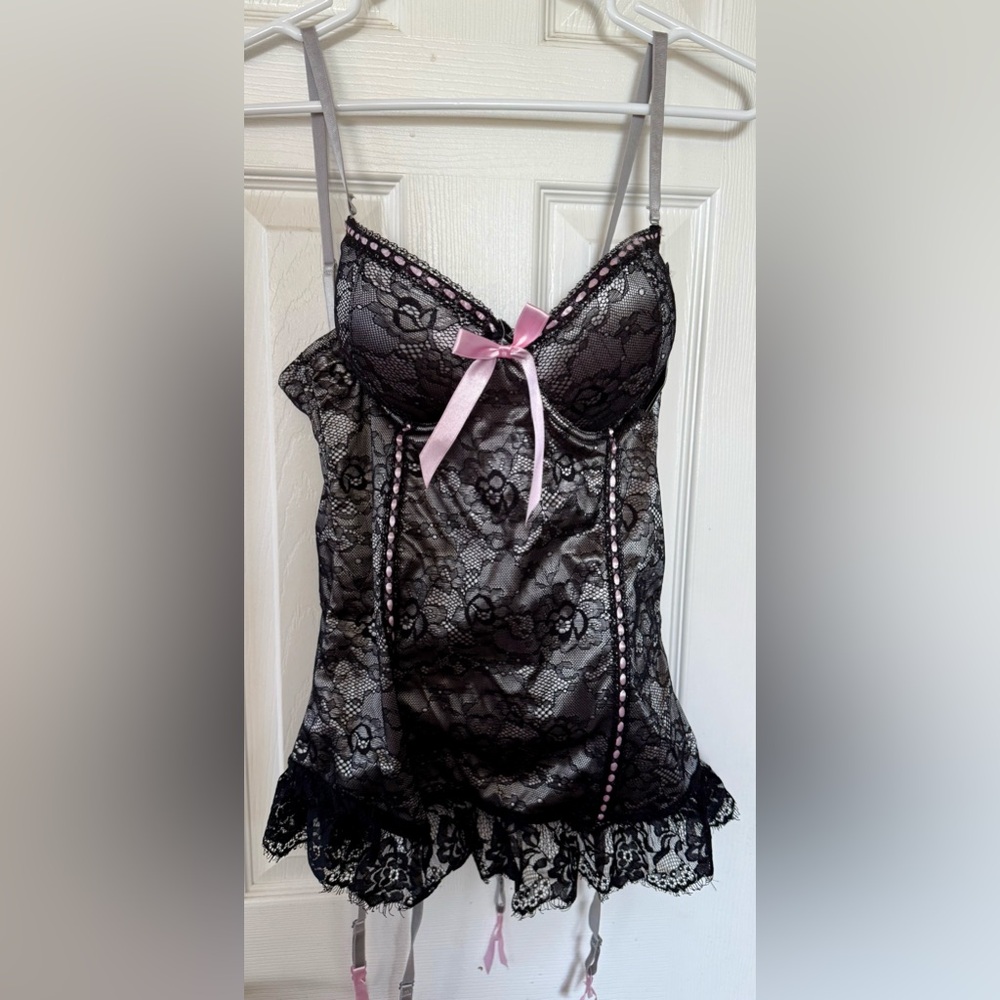 NWT Just Sexy Silver and Black Lace Detail Corset Size 1X with Thong